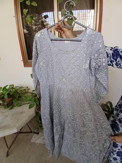 Brand New Silver Front Open Maxi Full Length with Duppata and Trouser