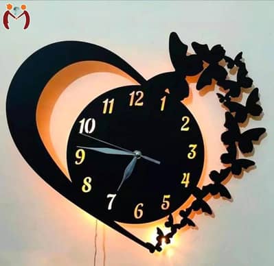 3D Wooden Heart & Butterfly Wall Clock (With Warm LED Backlight)