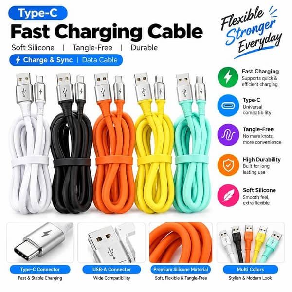 Type-C Fast Charging Cable | Premium Soft Silicone USB Cable | Tangle-Free Durable Charging & Data Cable | Multi Color