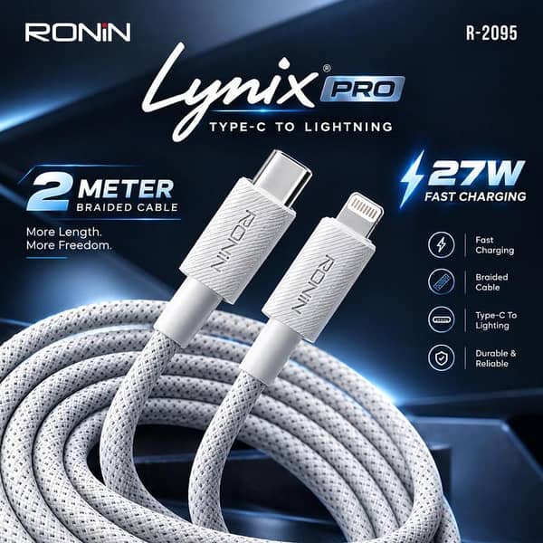 Ronin Lynix Pro R-2095 Type-C to Lightning Cable 27W Fast Charging 2M Braided Data Sync Cable