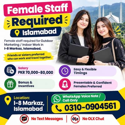 Female Staff Required – Outdoor Marketing / Indoor Job –Islamabad