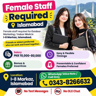 Female Staff Required – Outdoor Marketing / Indoor Job –Islamabad