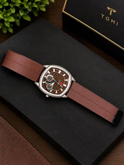 TOMI Premium Brown & Grey Watch For Men - With Original Box & Card