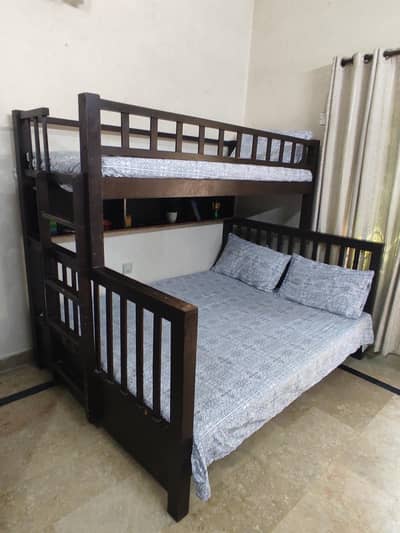 Solid Wood Bunk Bed with Built-in Bookshelf & Mattresses Included