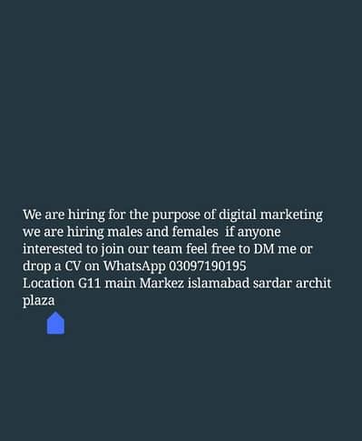 We are hiring Males / Females in g11 main Markez islamabad