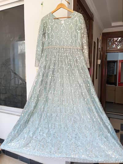 Luxury Embroidered Gown with Dupatta – Mint Blue Elegance