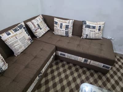 7-Seater L-Shape Sofa Set with Glass Top Table & 4 Stools