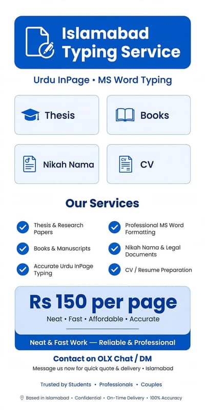 Urdu InPage Typing Service Islamabad - Rs 150 Per Page
