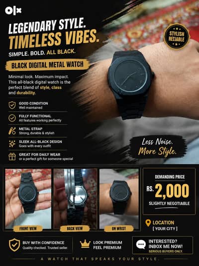 ⌚ Black Digital Metal Watch For Sale
