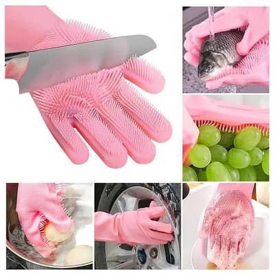 Pink Silicon Kitchen Gloves for Cleaning & Safety