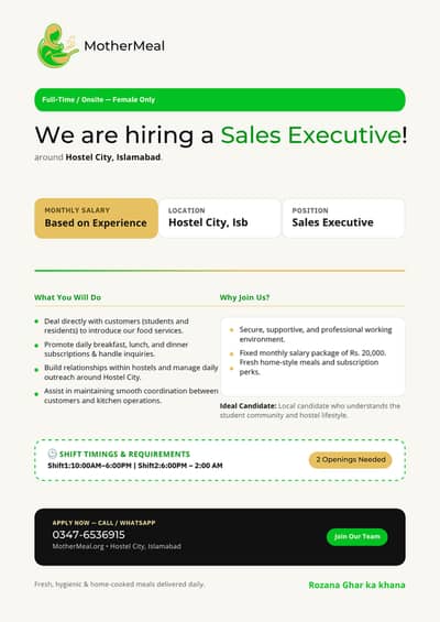 Sales Executive Required (Female) - MotherMeal Hostel City Islamabad