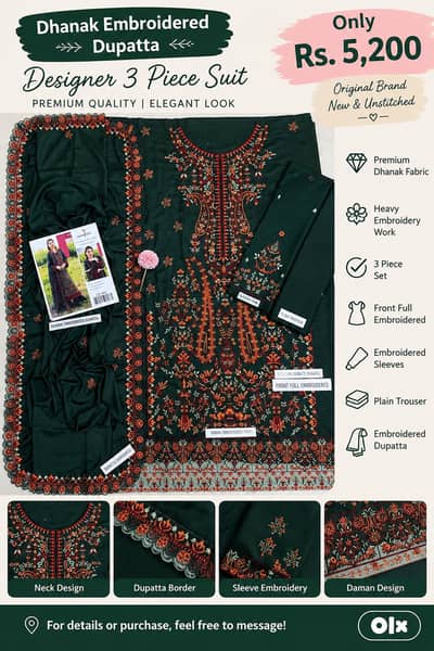 Dhanak Embroidered 3 Piece Suit – Dark Green | Rs. 5,200