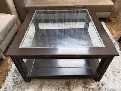 Wooden Center Table with Glass Top & Lower Shelf