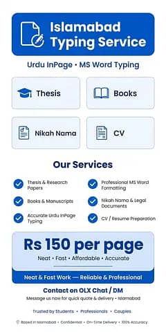 Urdu InPage Typing Service Islamabad - Rs 150 Per Page