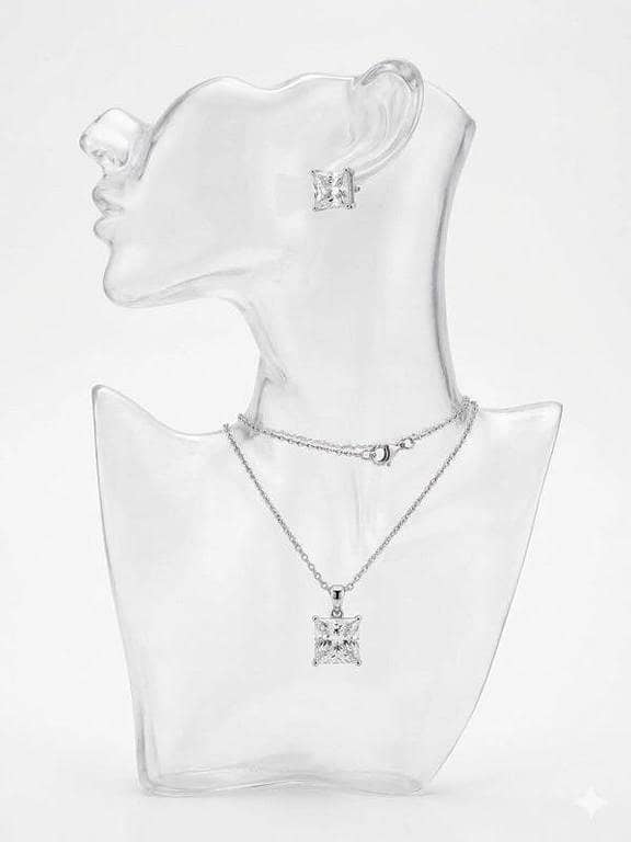 925 Sterling Silver Princess Cut CZ Square Stud Earrings & Necklace Jewelry Set Stamped