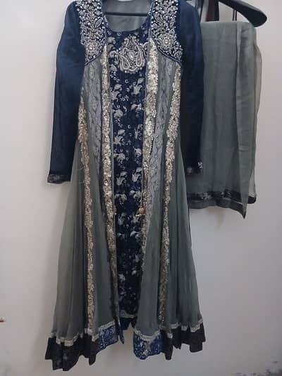 Elegant Navy Blue & Grey Heavy Embroidered Formal Maxi / Wedding Dres