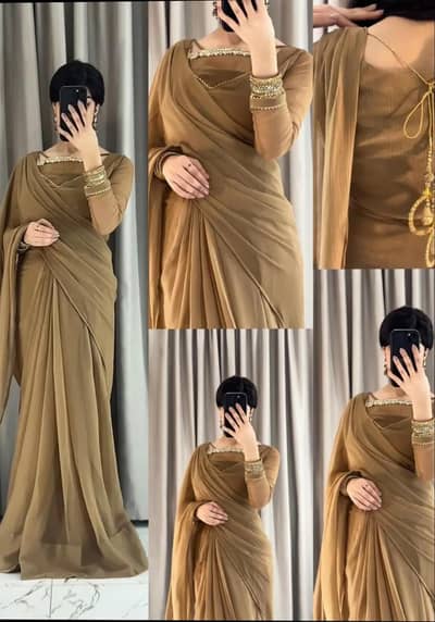 Golden Brown Party Wear Saree with Embroidered Blouse - New