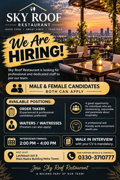 Vacancies available at sky rooftop unit 8 main nadta building