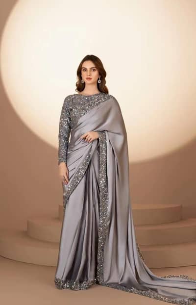 Maria. B Silk Saree - Green & Silver Party Wear - New Collection