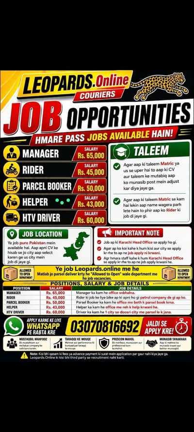 JOB OPPORTUNITIES — LEOPARDS. ONLINE COURIERS