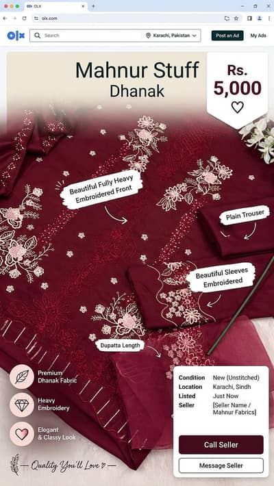 Heavy Embroidered Mahnur Dhanak Suit (Unstitched 3-PC)