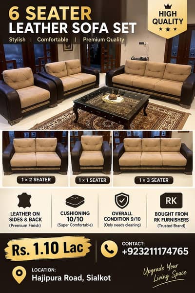 6 Seater Premium Leather Sofa Set - 1×2 1×1 & 1×3 Seater |Rs. 1.10 Lac