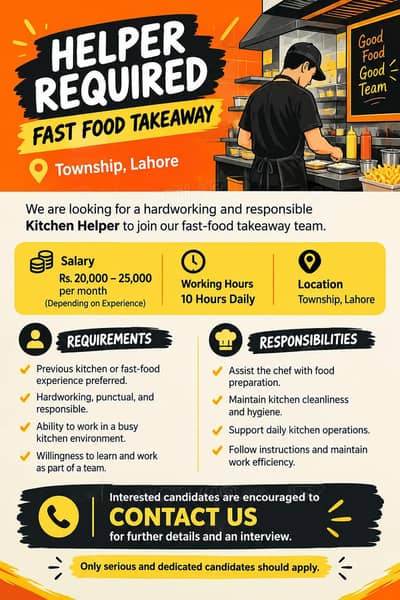 Helper required for fast food takeaway
