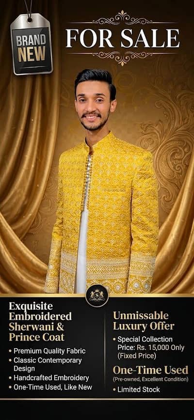 Yellow Embroidered Prince Coat For Sale Premium