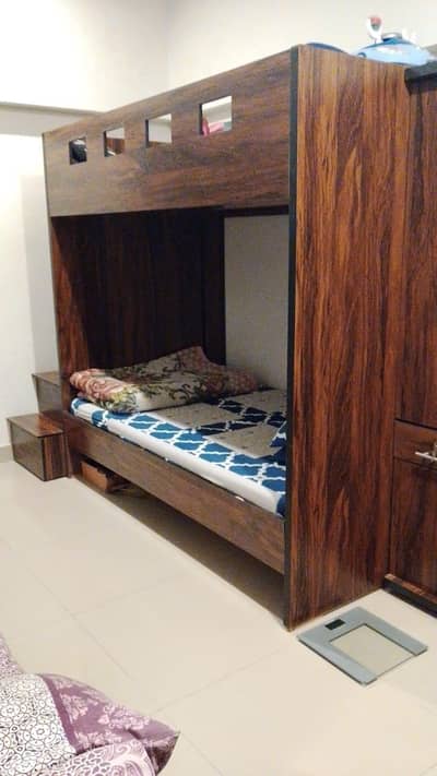 Modern Bunk Bed + Attached Cupboard + Mattress (Excellent Condition)