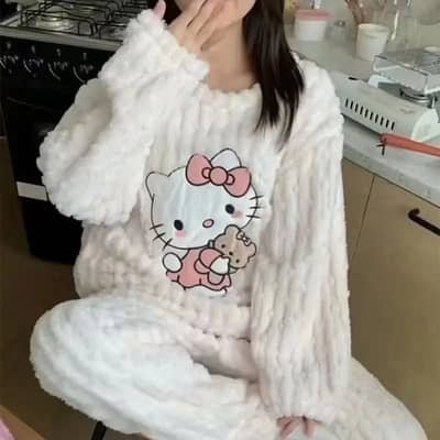 Women Fleece Hello Ketty Wintter Pajamas Sweet Cartoon Home wear