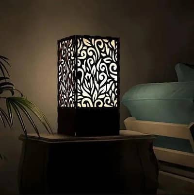 Wooden Side Table Lamp with Laser Cut Floral Design