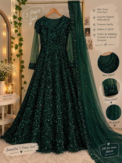 Green Long Maxi with Net Dupatta – Worn Once 