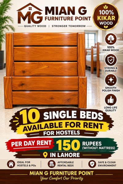 100 percent wood kikar wood single beds available for rent!
