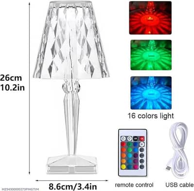 rechargeable crystal table lamp 16 color remote control  white abs