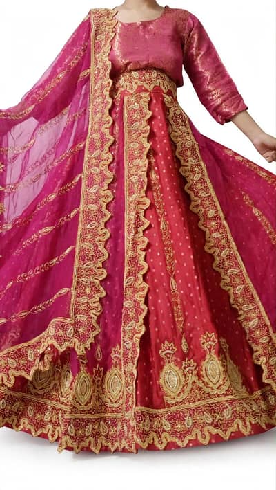 Hot pink net embroidery zari work lehenga for barat