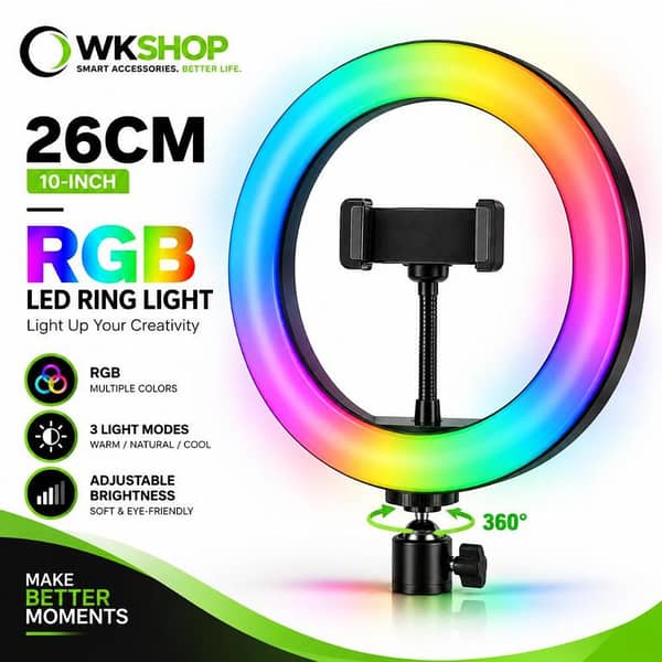 WKSHOP MJ26 26CM 10-Inch RGB LED Selfie Ring Light with Mobile Phone Holder, 360° Rotation Ball Head, 15 Color Modes, 10 Brightness Levels, Warm Natural Cool Light, Multicolor Lighting for Photography Vlogging YouTube Live Video Call Makeup