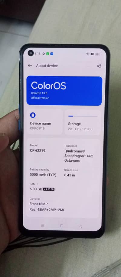OPPO F19 mobile for sale pta approved 6/128 10/9.5 condition