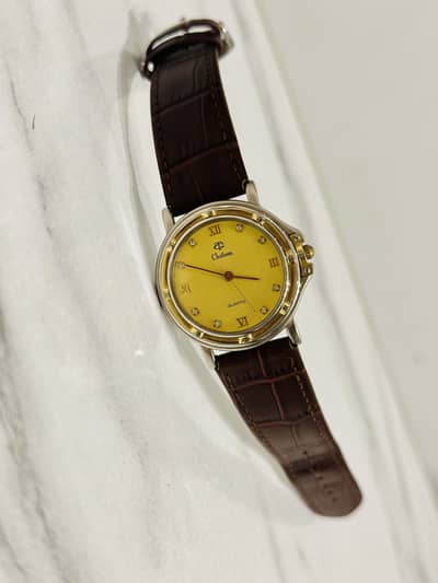 Chatom Japan Quartz Watch, Two-Tone Gold Dial with Brown Leather Strap