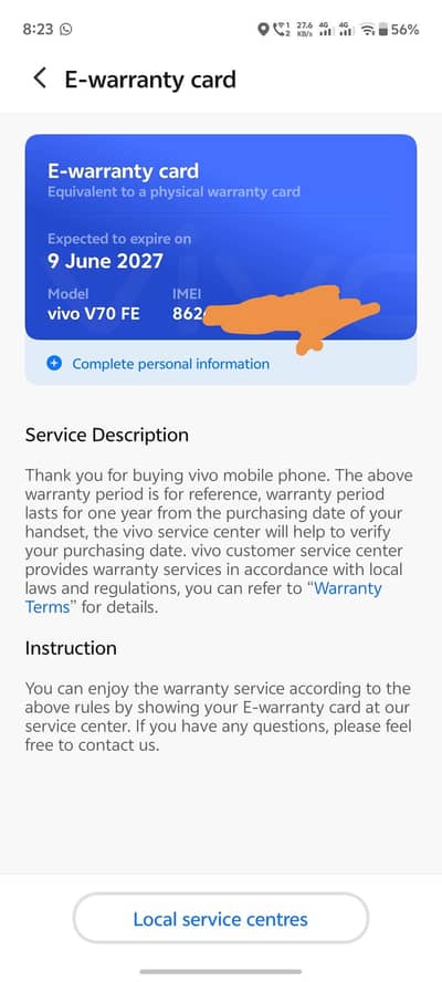 Vivo V70 FE 5G 12Gb 256Rom 7.5 months warranty left