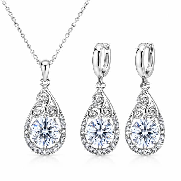 Sparkling Elegant-Shaped Zircon Jewelry Set in Sterling Silver Stamped Necklace Earrings