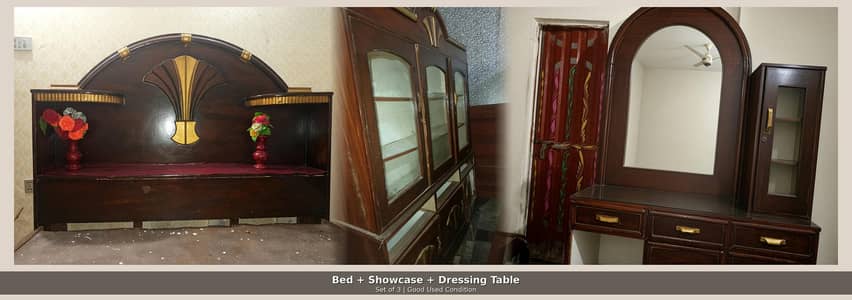 Wooden Double Bed + Showcase + Dressing Table | Set of 3 - Used