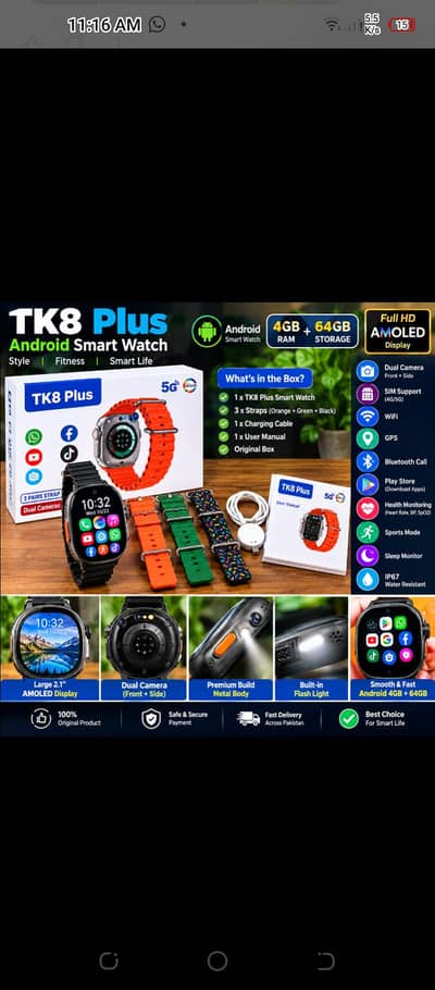Tk8 plus 5g android watch for sale wtsp 03204847881
