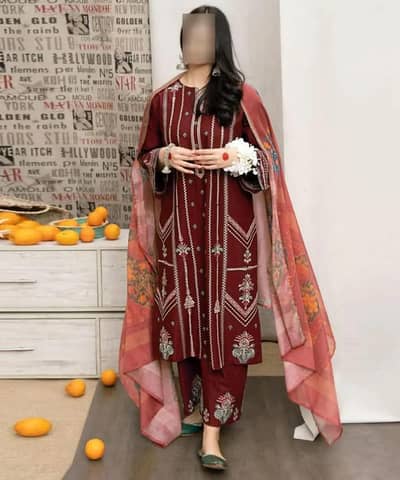 maroon embroidered suit 3psc lawn wedding for eid