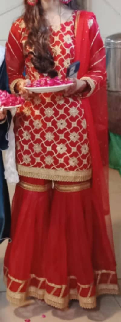 organza red sharara and shirt with dupptta