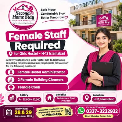 Female Hostel Administrator, Cleaner & Cook required In H/13 Islamabad