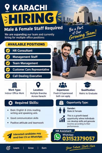 Male & Female Staff Required – Office Jobs in Karachi