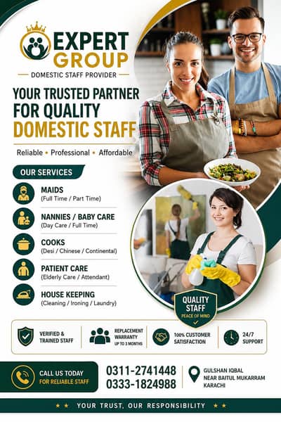 Maid,Cook,Driver, Baby sitter, patient Attendant