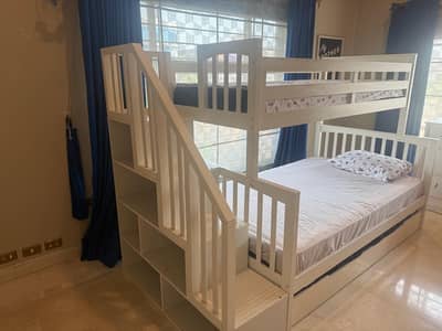 Wooden Bunk Bed with Staircase Shelves, Mattresses & White Dresser