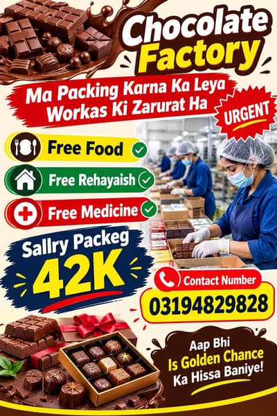 chocolate factory ma packing ka leya works ki zarurat ha