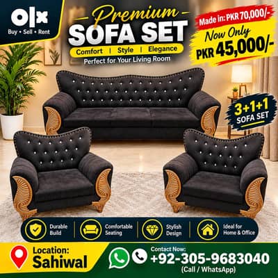 Premium 3+1+1 Sofa Set – Elegant Design | PKR 45,000 | Sahiwal